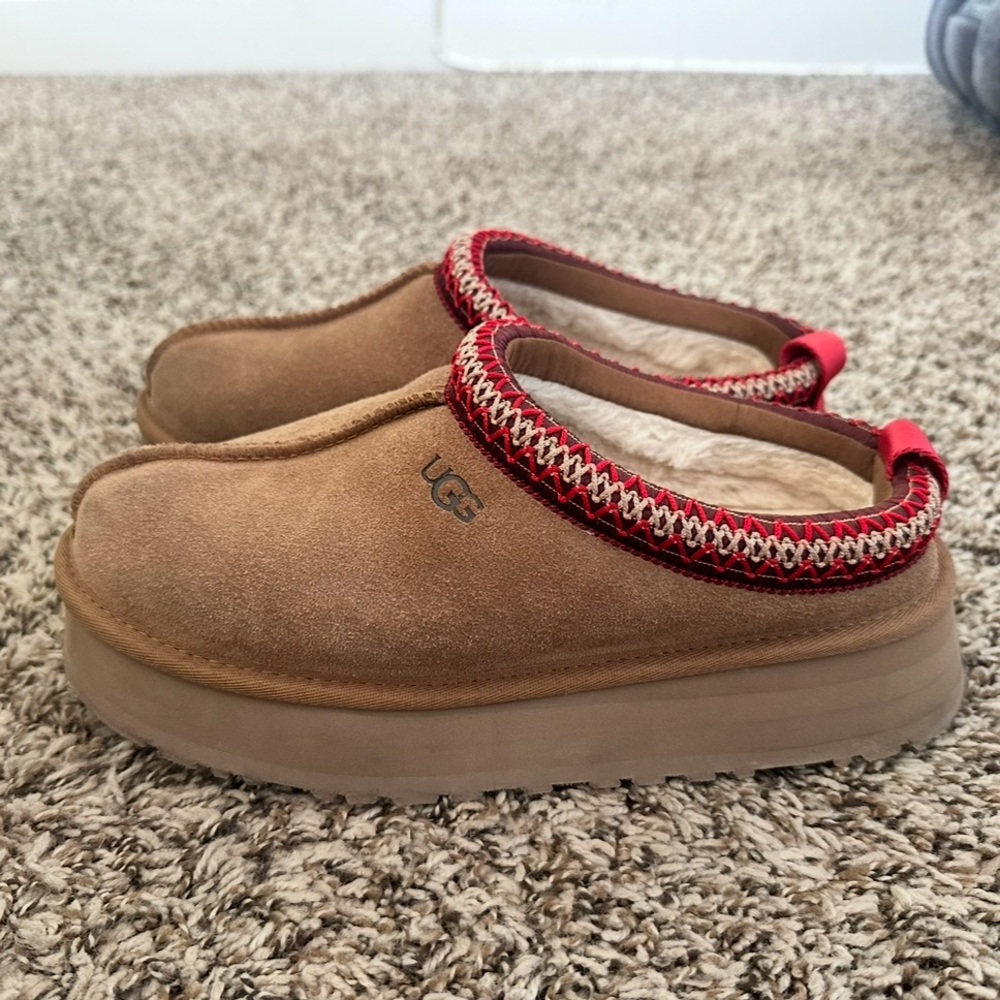 UGG Tan Suede Slip-On Slippers with Red Trim
